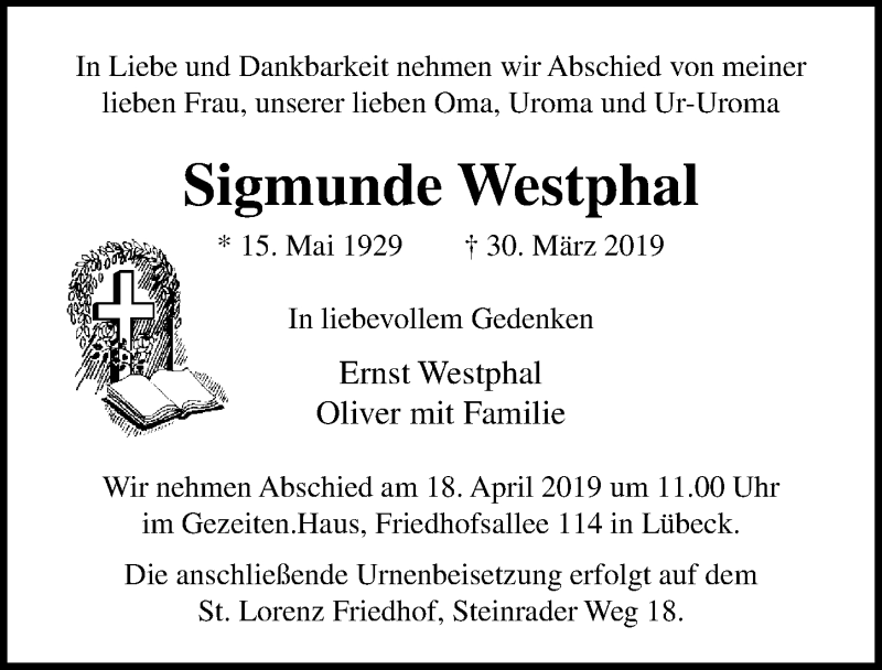  Traueranzeige für ^Sigmunde Westphal vom 14.04.2019 aus Lübecker Nachrichten